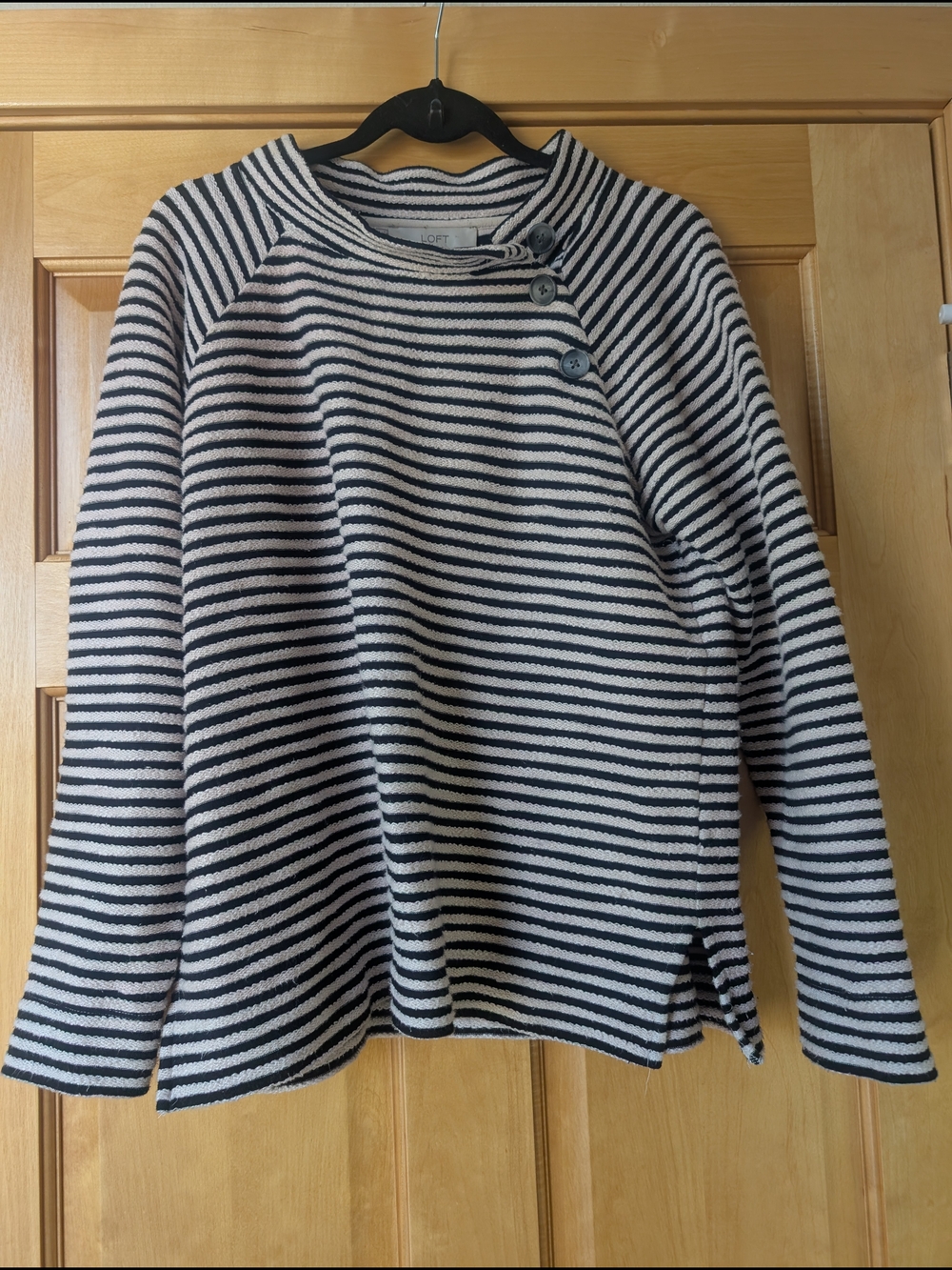 LOFT Black & White Striped Button-Shoulder Cowl-Neck Sweater